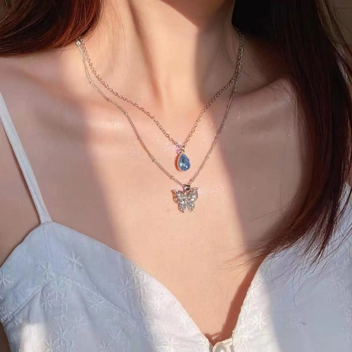 Enchanting Double Layer Butterfly & Blue Stone Necklace