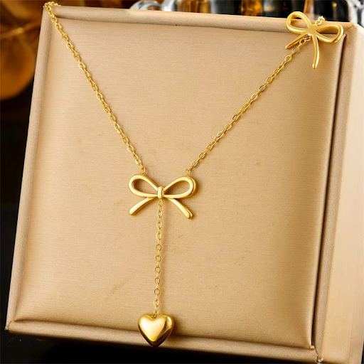 Golden Bow Heart Drop Necklace.