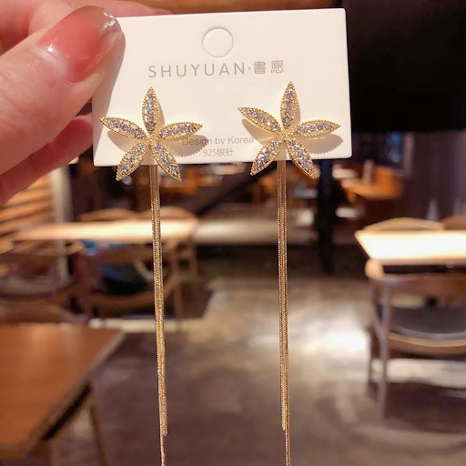 Golden Sparkling Starflower Tassel Earrings