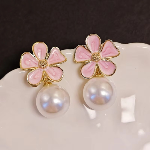 Elegant Pink Flower Pearl Drop Earrings