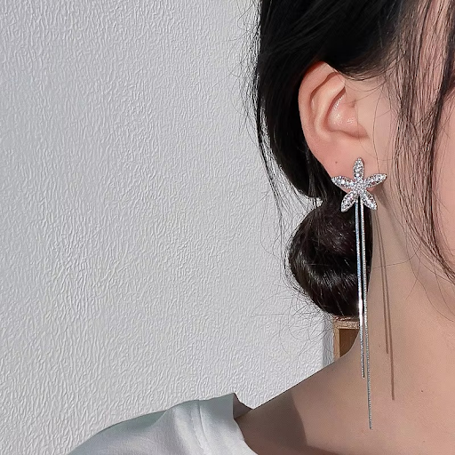 Silver Sparkling Starflower Tassel Earrings
