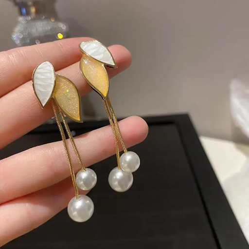 Twin Leaf Pearl Drop Earrings