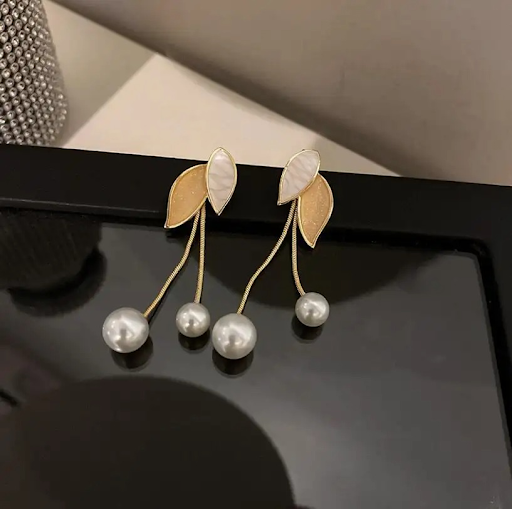 Twin Leaf Pearl Drop Earrings