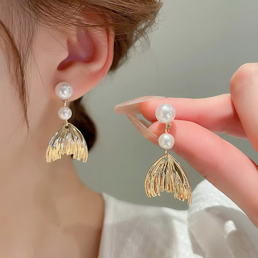 Pearl Golden Fishtail Drop Earrings