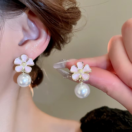 Elegant Pink Flower Pearl Drop Earrings