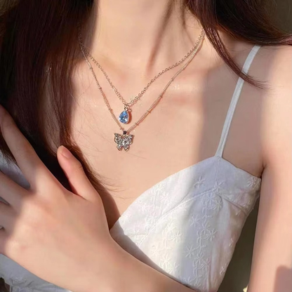 Enchanting Double Layer Butterfly & Blue Stone Necklace