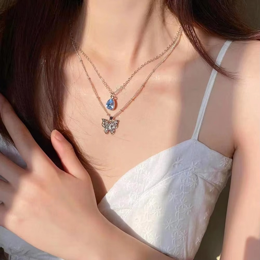 Enchanting Double Layer Butterfly & Blue Stone Necklace