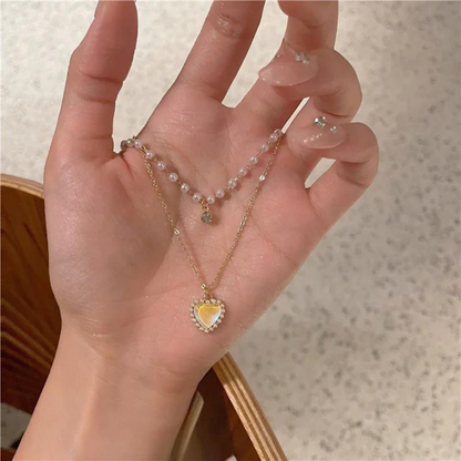 Double Layer Pearl Chain Heart Necklace