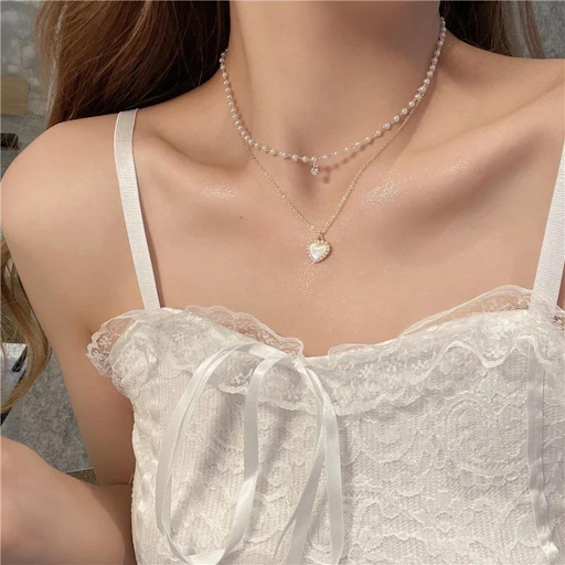 Double Layer Pearl Chain Heart Necklace
