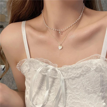 Double Layer Pearl Chain Heart Necklace