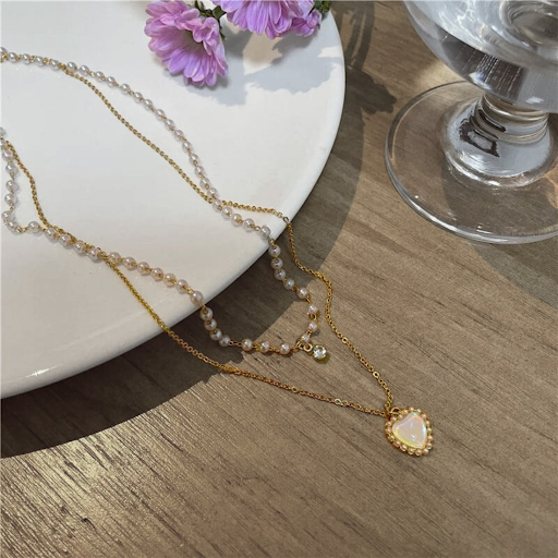 Double Layer Pearl Chain Heart Necklace