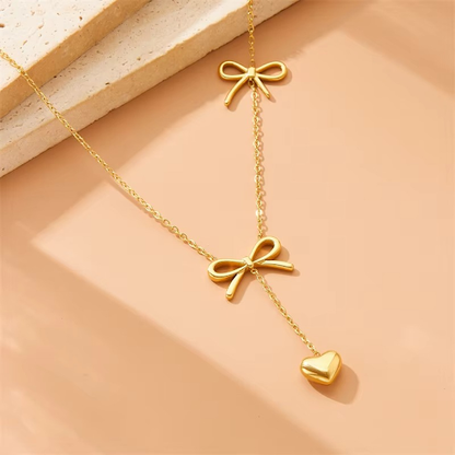 Golden Bow Heart Drop Necklace.