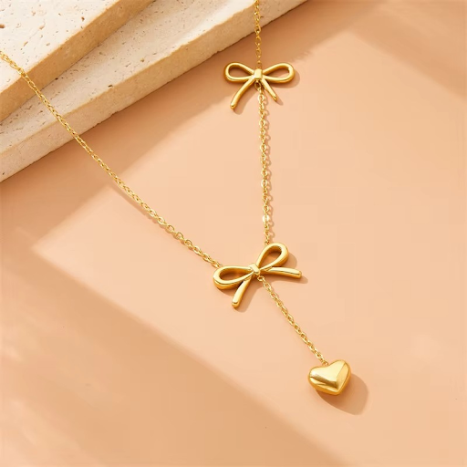 Golden Bow Heart Drop Necklace.