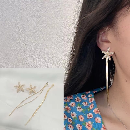 Golden Sparkling Starflower Tassel Earrings