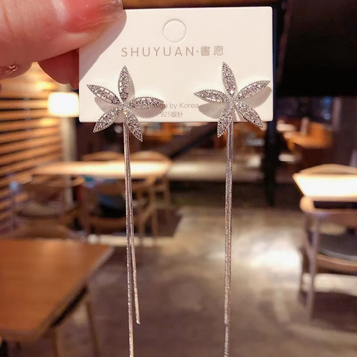 Silver Sparkling Starflower Tassel Earrings