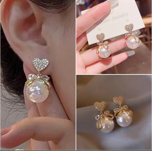Stylish Heart with Pearl Drop Earrings