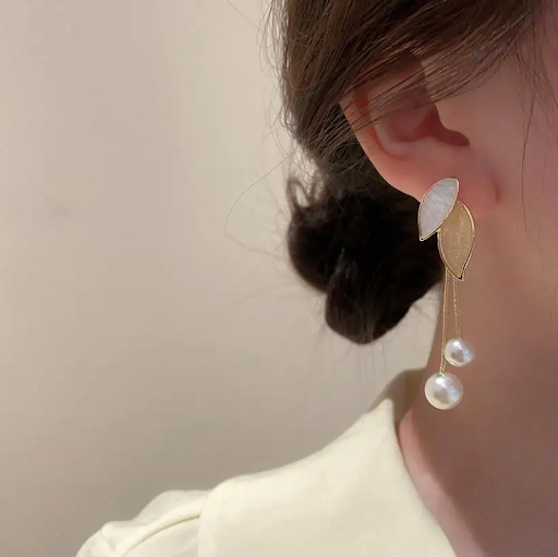 Twin Leaf Pearl Drop Earrings