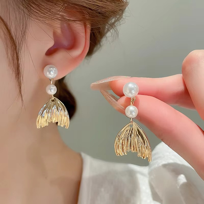 Pearl Golden Fishtail Drop Earrings