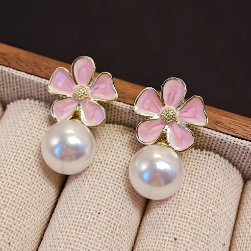 Elegant Pink Flower Pearl Drop Earrings